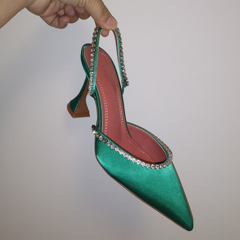 Rhinestones satin Women Pumps Slippers Elegant Pointed toe High heels